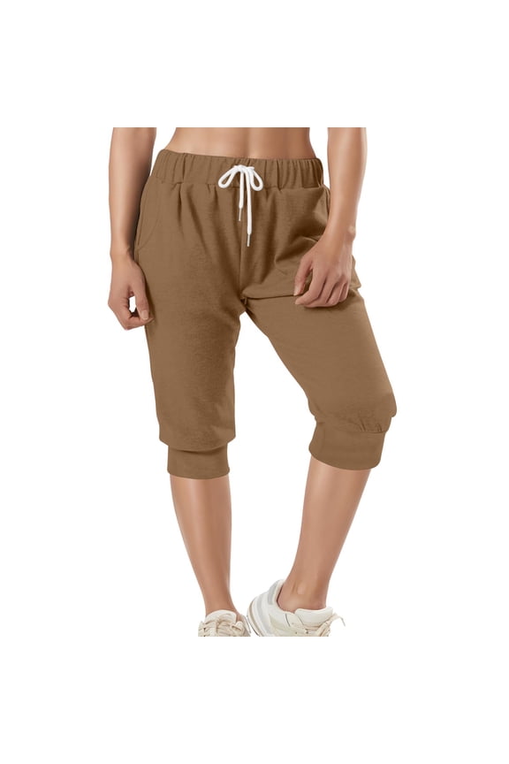 Women's Stretchy Capris Lounge,Women's Solid Color Shorts Casual Women's Shorts Capris Coffee S