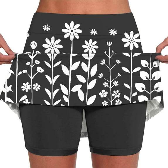 LEBONYARD Women's Stretchy Waistband Yoga Skort,Women's Summer Flower Print Pleated Tennis Skirts Stretchy Yoga Fake Two Piece Shorts Skirt Black M