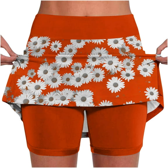 LEBONYARD Women's Stylish Flowy Yoga Skirt Shorts,Women Solid Color Bottom Pants Floral Skirt Medium Waist Skirt Pants Sports Shorts Bottom Skirt Orange XXL