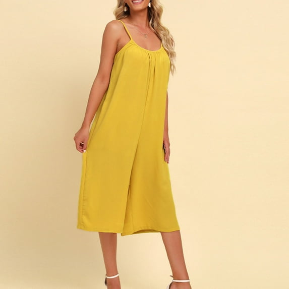 LEBONYARD Women's Summer Jumpsuits,Large Size Loose and Trendy Solid Color Casual Suspender Off Shoulder Jumpsuit Wide Leg Capris Yellow S