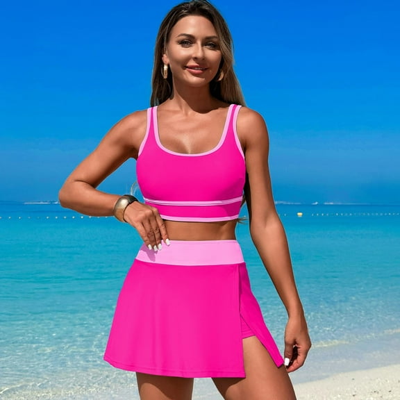 LEBONYARD Women's Trendy Bikini Set for Summer Adventure,Women's Bikini Hot Spring Women's Beach Sports Skirt Two-Piece Swimsuit Pink XL