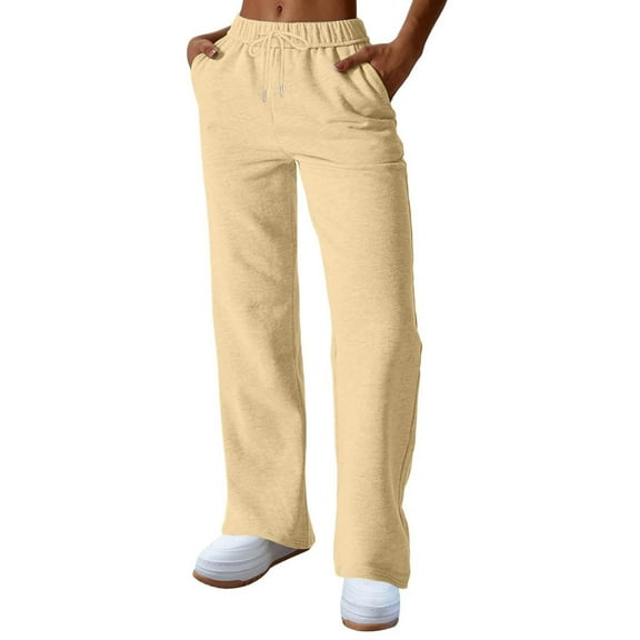 LEBONYARD Women's Trendy Clearance Drawstring Elastic Waist Solid Straight Baggy Wide-Leg Leisure Pockets Sports Fitness Sweatpants,Sizes S-2XL