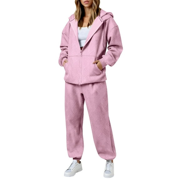LEBONYARD Women's Trendy Clearance Sweatshirts And Sweatpants Set Solid Color Zippered Cardigan Hooded Sweater And Straight Leg Sweatpants,Sizes S-2XL