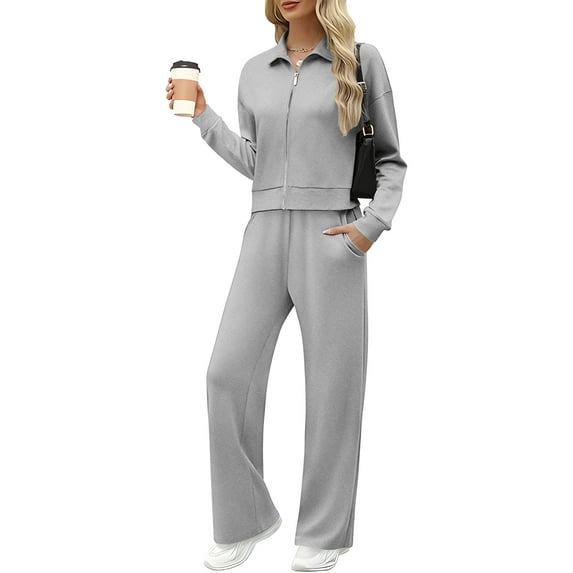 LEBONYARD Women's Trendy Clearance Sweatshirts And Sweatpants Set Zipper Lapel Collar Solid Warm Sweatshirts And Wide-leg Loose Sweatpants,Sizes S-2XL