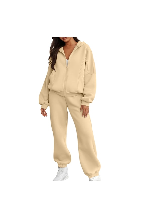 Women's Trendy Clearance Top And Sweatpants Set Zipper Hooded Solid Colored Long Sleeve Loose Top And Tight-Waist Sweatpants,Sizes S-2XL