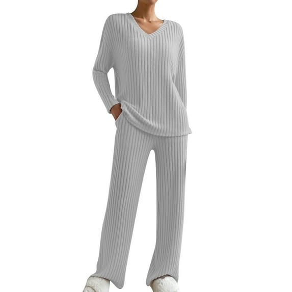 LEBONYARD Women's Trendy Clearance Tops And Pants Groove Ribbed Sets V Neck Pullover Solid Colored Long Sleeve Tops And Long Loose Pants,Sizes XS-2XL