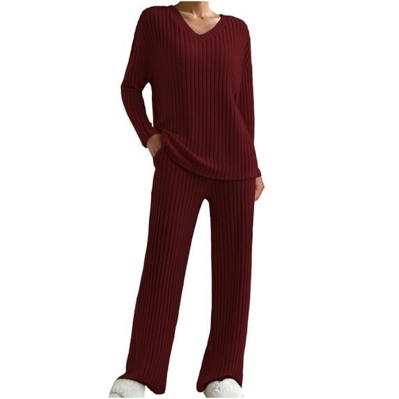 LEBONYARD Women's Trendy Clearance Tops And Pants Groove Ribbed Sets V Neck Pullover Solid Colored Long Sleeve Tops And Long Loose Pants,Sizes XS-2XL