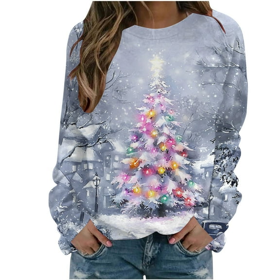 LEBONYARD Women's Trendy Crew Neck Chic Christmas Printed Pullover Long Sleeve Sweatshirts Casual Hoodless Loose Fit Round Neck Ladies Sweatshirts