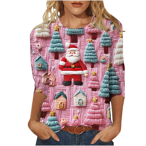 LEBONYARD Women's Trendy Crew Neck Christmas Printed 3/4 Sleeve Pullover Top Casual Loose Fit Round Neck Chic Christmas Printed Soft Smooth Ladies Top