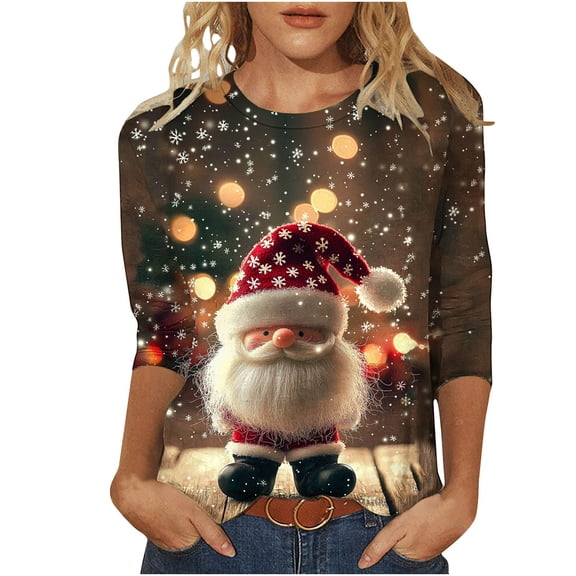 LEBONYARD Women's Trendy Crew Neck Christmas Printed 3/4 Sleeve Pullover Top Casual Loose Fit Round Neck Chic Christmas Printed Soft Smooth Ladies Top