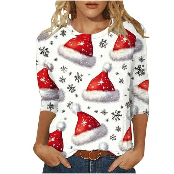 LEBONYARD Women's Trendy Crew Neck Christmas Printed 3/4 Sleeve Pullover Top Casual Loose Fit Round Neck Chic Christmas Printed Soft Smooth Ladies Top