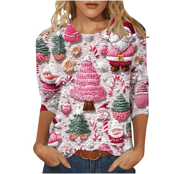 LEBONYARD Women's Trendy Crew Neck Christmas Printed 3/4 Sleeve Pullover Top Casual Loose Fit Round Neck Chic Christmas Printed Soft Smooth Ladies Top