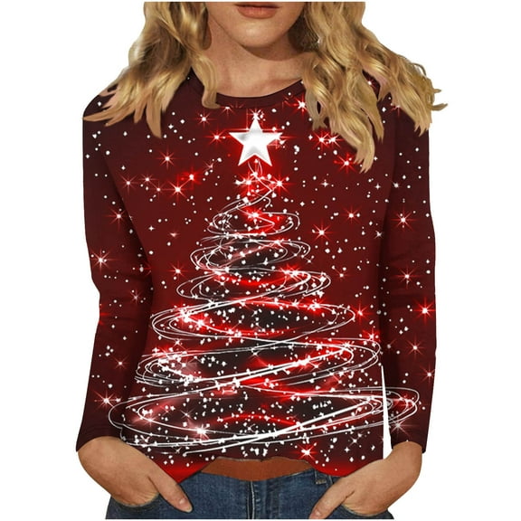 LEBONYARD Women's Trendy Crew Neck Christmas Printing Pullover Top Blouse Casual Long Sleeve Round Neck Loose Warm it Ladies Chic Christmas Tops