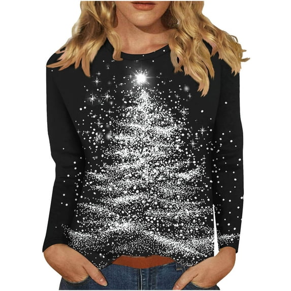 LEBONYARD Women's Trendy Crew Neck Christmas Printing Pullover Top Blouse Casual Long Sleeve Round Neck Loose Warm it Ladies Chic Christmas Tops