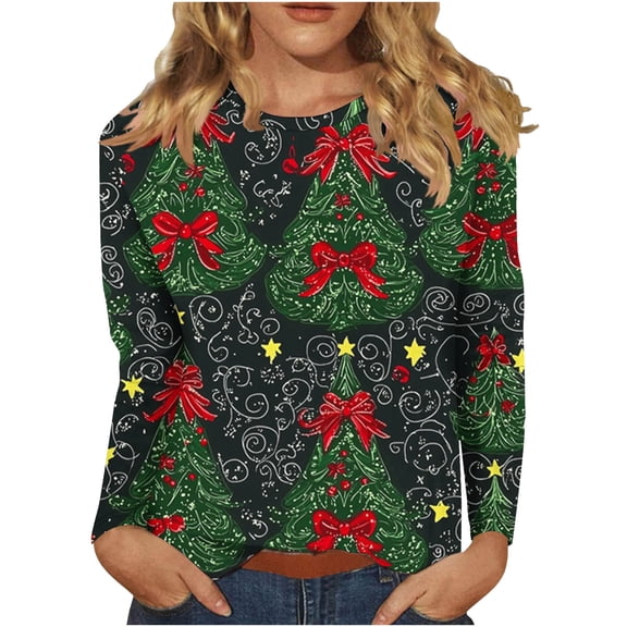 LEBONYARD Women's Trendy Crew Neck Christmas Printing Pullover Top Blouse Casual Long Sleeve Round Neck Loose Warm it Ladies Chic Christmas Tops