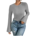 thumbnail image 1 of LEBONYARD Women's Trendy Crew Neck Solid Colored Chic Groove Pullover Tops Casual Long Flared Sleeve Loose Warm Fit Round Neck Winter Sweaters, 1 of 5
