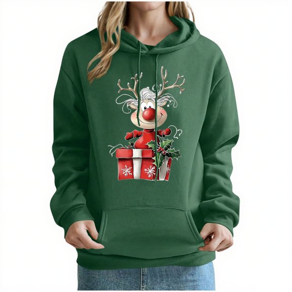 LEBONYARD Women's Trendy Drawstring Hooded Chic Christmas Printed Long Sleeve Pocekt Sweatshirts Casual Loose Warm Fit Ladies Christmas Sweatshirts