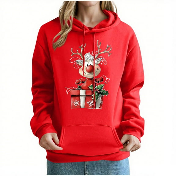 LEBONYARD Women's Trendy Drawstring Hooded Chic Christmas Printed Long Sleeve Pocekt Sweatshirts Casual Loose Warm Fit Ladies Christmas Sweatshirts
