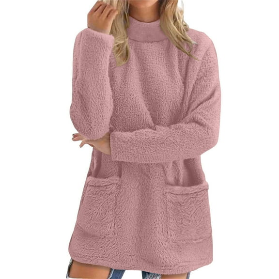 LEBONYARD Women's Trendy Fuzzy High Collar Thicken Fleece Liner Solid Color Long Sleeve Pockets Casual Long Length Loose Fit Warm Pullover Tops