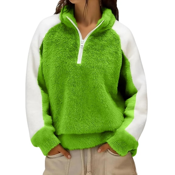 LEBONYARD Women's Trendy Half Zipper Stand Up Collar Thicken Plush Long Sleeve Solid Colored Warm Loose Fitting Casual Pullover Sweatshirts