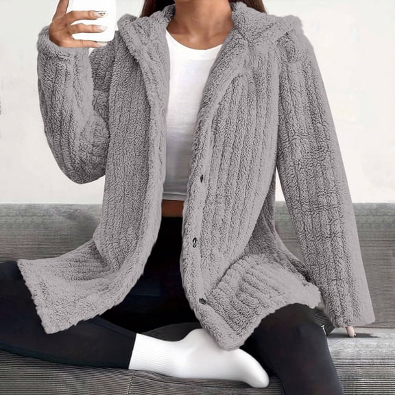 LEBONYARD Women's Trendy Hooded Chic Pit Stripe Thicken Wool Solid Colored Long Sleeve Loose Fitting Casual Button Warm Cardign Winter Outerwear Coat