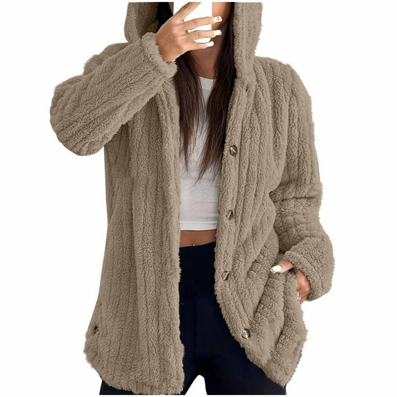 LEBONYARD Women's Trendy Hooded Chic Pit Stripe Thicken Wool Solid Colored Long Sleeve Loose Fitting Casual Button Warm Cardign Winter Outerwear Coat