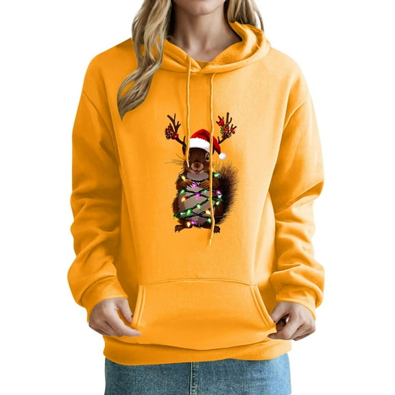 LEBONYARD Women's Trendy Hooded Drawstring Christmas Printed Pocket Front Sweatshirts Casual Long Sleeve Loose Warm Fit Regular Christmas Sweatshirts