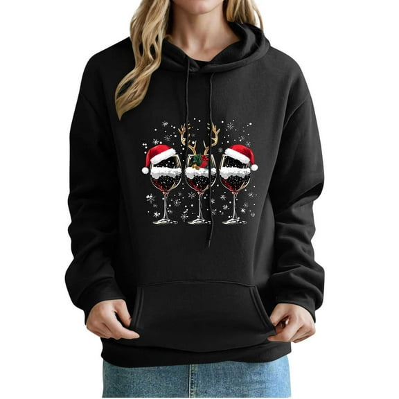LEBONYARD Women's Trendy Hooded Drawstring Christmas Printed Pocket Front Sweatshirts Casual Long Sleeve Loose Warm Fit Regular Christmas Sweatshirts