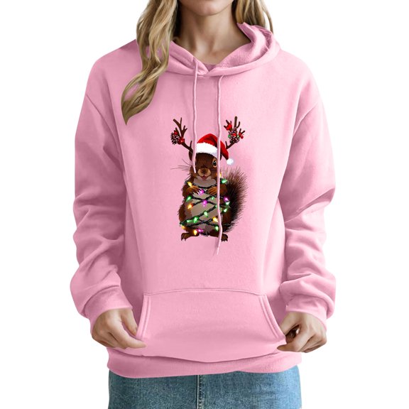 LEBONYARD Women's Trendy Hooded Drawstring Christmas Printed Pocket Front Sweatshirts Casual Long Sleeve Loose Warm Fit Regular Christmas Sweatshirts
