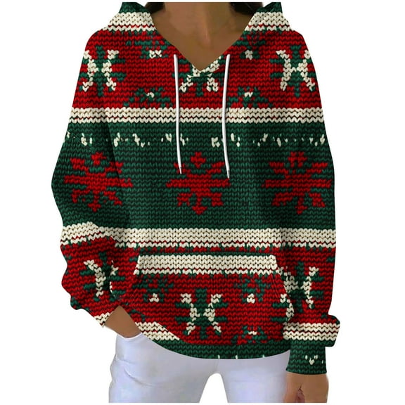 LEBONYARD Women's Trendy Hooded Drawstring Christmas Printed Splice Sweatshirts Casual Long Sleeve Loose Warm Fit Pocket Ladies Christmas Sweatshirts