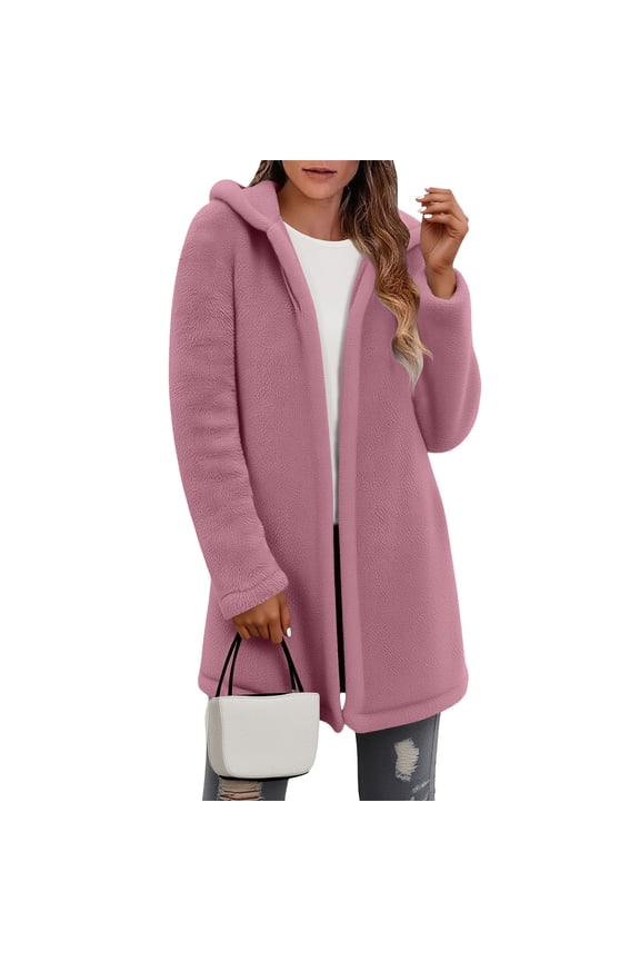 Women's Trendy Hooded Long Sleeved Solid Colored Long Length Loose Warm Fitting Fleece Jacket Casual Comfy Fuzzy Cardigan Outerwear Coat