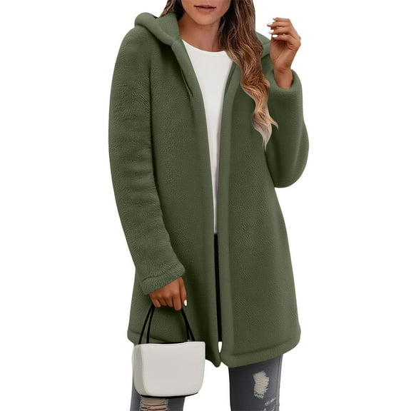 LEBONYARD Women's Trendy Hooded Long Sleeved Solid Colored Long Length Loose Warm Fitting Fleece Jacket Casual Comfy Fuzzy Cardigan Outerwear Coat