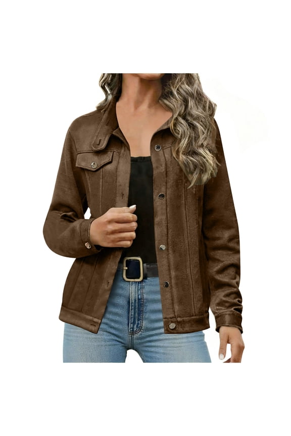 Women's Trendy Lapel Collar Solid Colored Long Sleeve Fashion Deerskin Jacket Leather Coat Velvet Temperament Neck Short Outerwear Coat