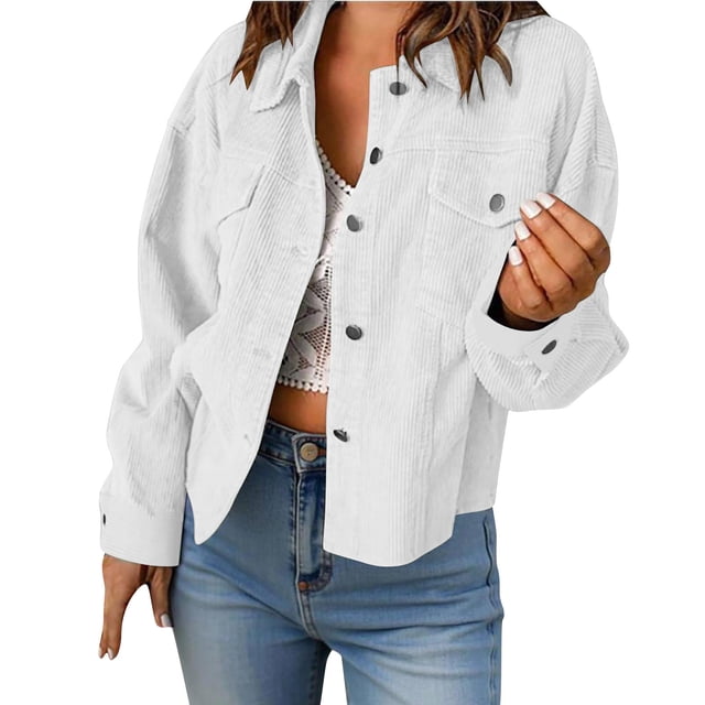 LEBONYARD Women's Trendy Lapel Solid Colored Long Sleeve Chic Vintage Button Cardigan Jacket Casual Loose Fitting Chest Pocket Outerwear Jacket