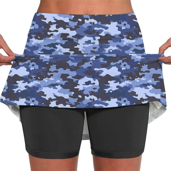 LEBONYARD Women's Trendy Layered Yoga Skirt Shorts,Women's Summer Camouflage Print Pleated Tennis Skirts Stretchy Yoga Fake Two Piece Shorts Skirt Blue XL
