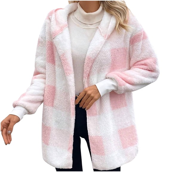 LEBONYARD Women's Trendy Oversized Thicken Faux Shearling Long Sleeve Chic Plaid Style Open Front Warm Loose Fitting Casual Winter Outerwear Coats