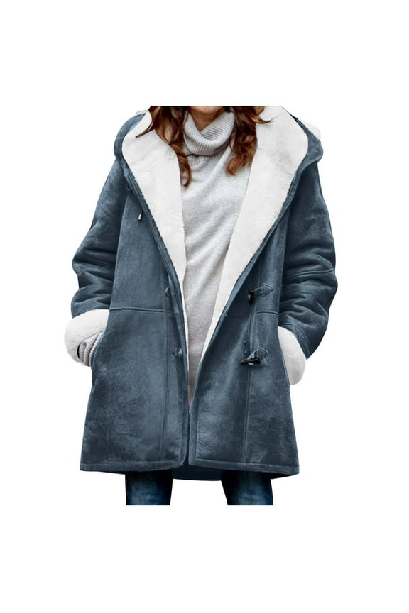 Women's Trendy Plus Size Large Hoodie Thicken Fleece Liner Quilted Button Casual Fuzzy Solid Warm Loose Long Sleeve Pocket Jacket Coats