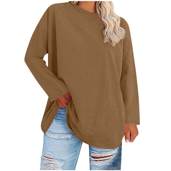 LEBONYARD Women's Trendy Plus Size Round Neck Solid Colored Comfy Long Sleeve Loose Fitting Casual Ladies Daily Regular Pullover Base Layer Tops