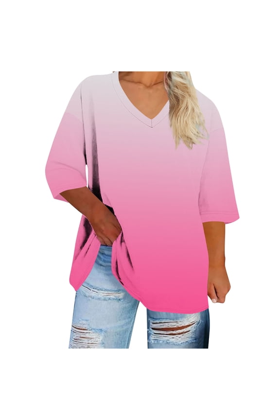 Women's Trendy Plus Size V-Neck Gradient Color 3/4 Sleeve Comfy Loose Fitting Casual Daily Regular Pocket Pullover Blouses Shirts Tops
