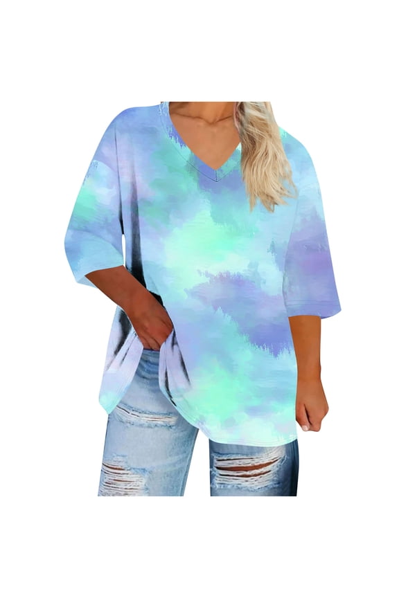 Women's Trendy Plus Size V-Neck Gradient Color 3/4 Sleeve Comfy Loose Fitting Casual Daily Regular Pocket Pullover Blouses Shirts Tops