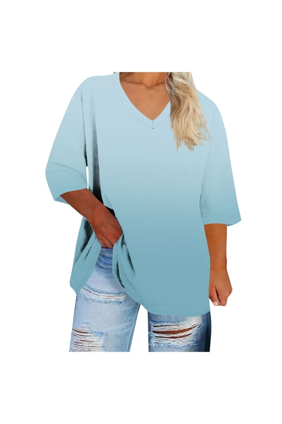 Women's Trendy Plus Size V-Neck Gradient Color 3/4 Sleeve Comfy Loose Fitting Casual Daily Regular Pocket Pullover Blouses Shirts Tops