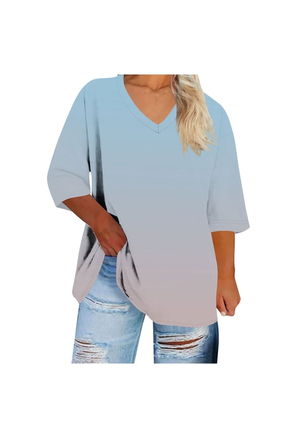 Women's Trendy Plus Size V-Neck Gradient Color 3/4 Sleeve Comfy Loose Fitting Casual Daily Regular Pocket Pullover Blouses Shirts Tops