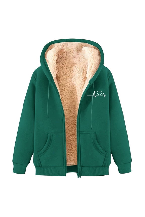 Women's Trendy Plus Size Zipper Drawstring Hoodie Thicken Fleece Liner Chic Printed Solid Long Sleeve Pockets Casual Loose Warm Jacket Coat