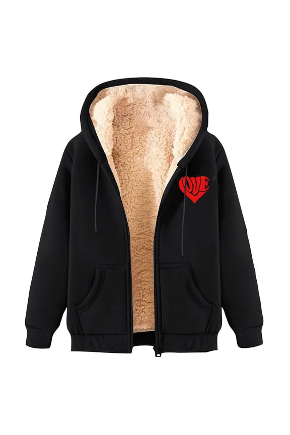 Women's Trendy Plus Size Zipper Drawstring Hoodie Thicken Fleece Liner Chic Printed Solid Long Sleeve Pockets Casual Loose Warm Jacket Coat