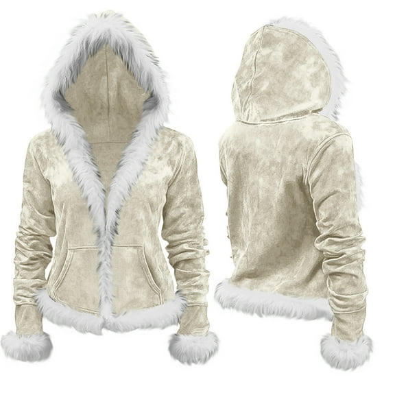 LEBONYARD Women's Trendy Plush Hooded Cuff Wool Collar Fashion Christmas Solid Colored Long Sleeved Large Pocket Casual Loose Warn Fit Sweatshirt