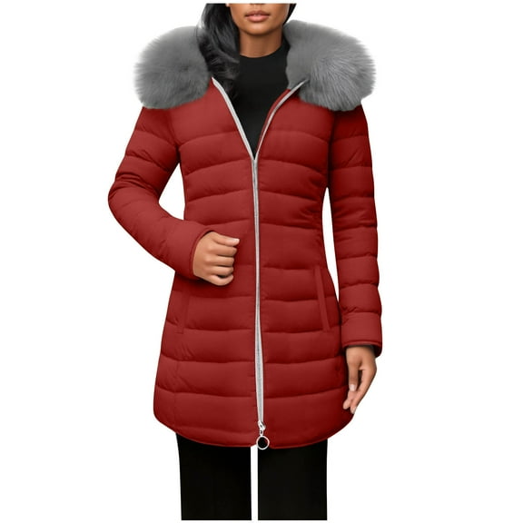 LEBONYARD Women's Trendy Plush Zipper Hooded Padded Puffer Coat Casual Solid Colored Long Sleeve Long Length Loose Warm Fit Pocket Winter Puffer Coat