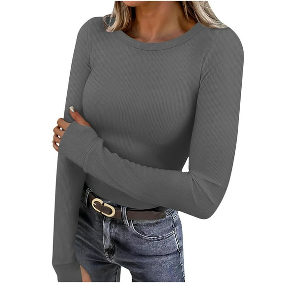 LEBONYARD Women‘s Trendy Round Neck Chic Groove Ribbed Comfortable Thermal Solid Colored Long Sleeve Thumb Holes Pullover Tops,Sizes S-3XL