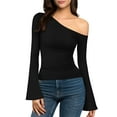 thumbnail image 1 of LEBONYARD Women's Trendy Round Neck Chic Sloping Off Shoulder Design Solid Color Long Sleeve Comfortable Thermal Thumb Holes Pullover Base Layer Tops, 1 of 9