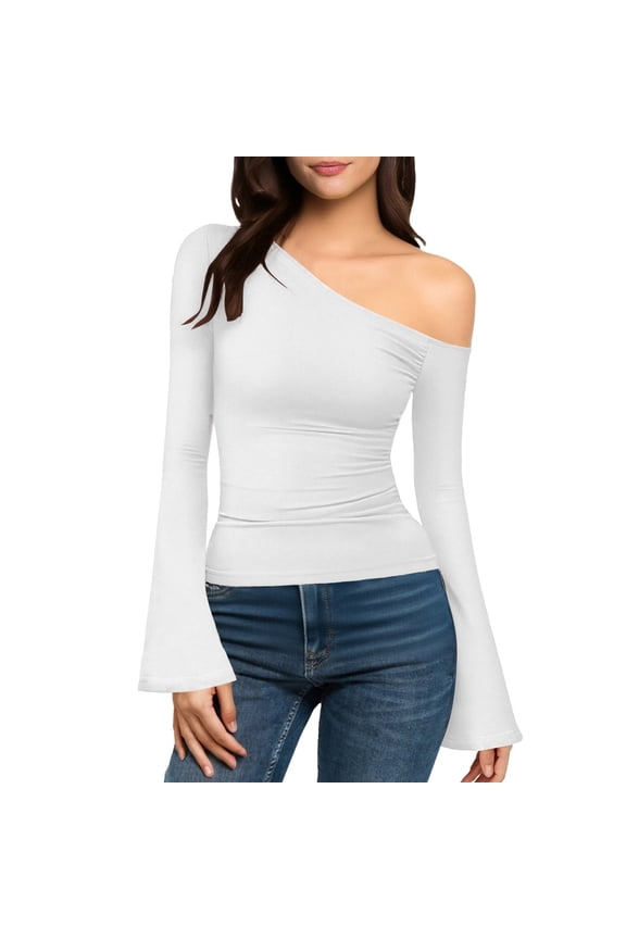 Women's Trendy Round Neck Chic Sloping Off Shoulder Design Solid Color Long Sleeve Comfortable Thermal Thumb Holes Pullover Base Layer Tops