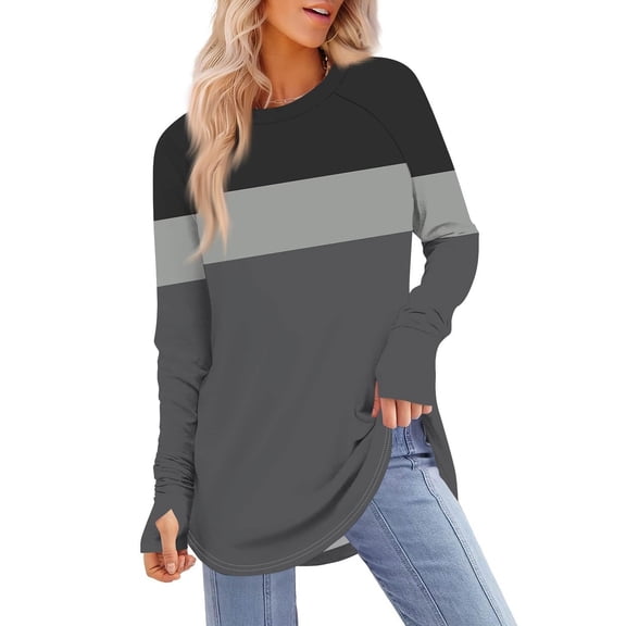 LEBONYARD Women's Trendy Round Neck Chic Splicing Colored Comfortable Long Sleeve Loose Fitting Casual Ladies Regular Pullover Blouse Tops